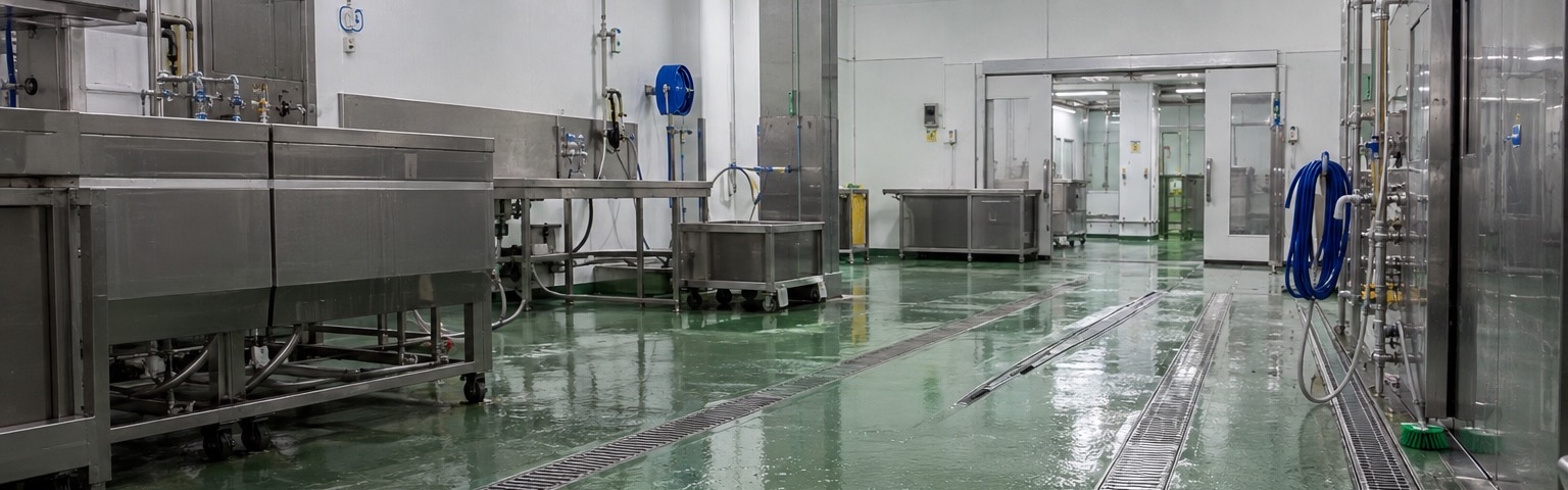 물과 세척제가 반복되는 HACCP 식품공장 바닥